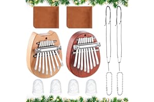 eBoot 10 Pieces 8 Keys Mini Piano Set Include Finger Thumb Piano with Lanyard Chain, Finger Protector and Cleaning Cloth Christmas Gift for Adults Beginners(Wood,Oval, Cat Shaped)