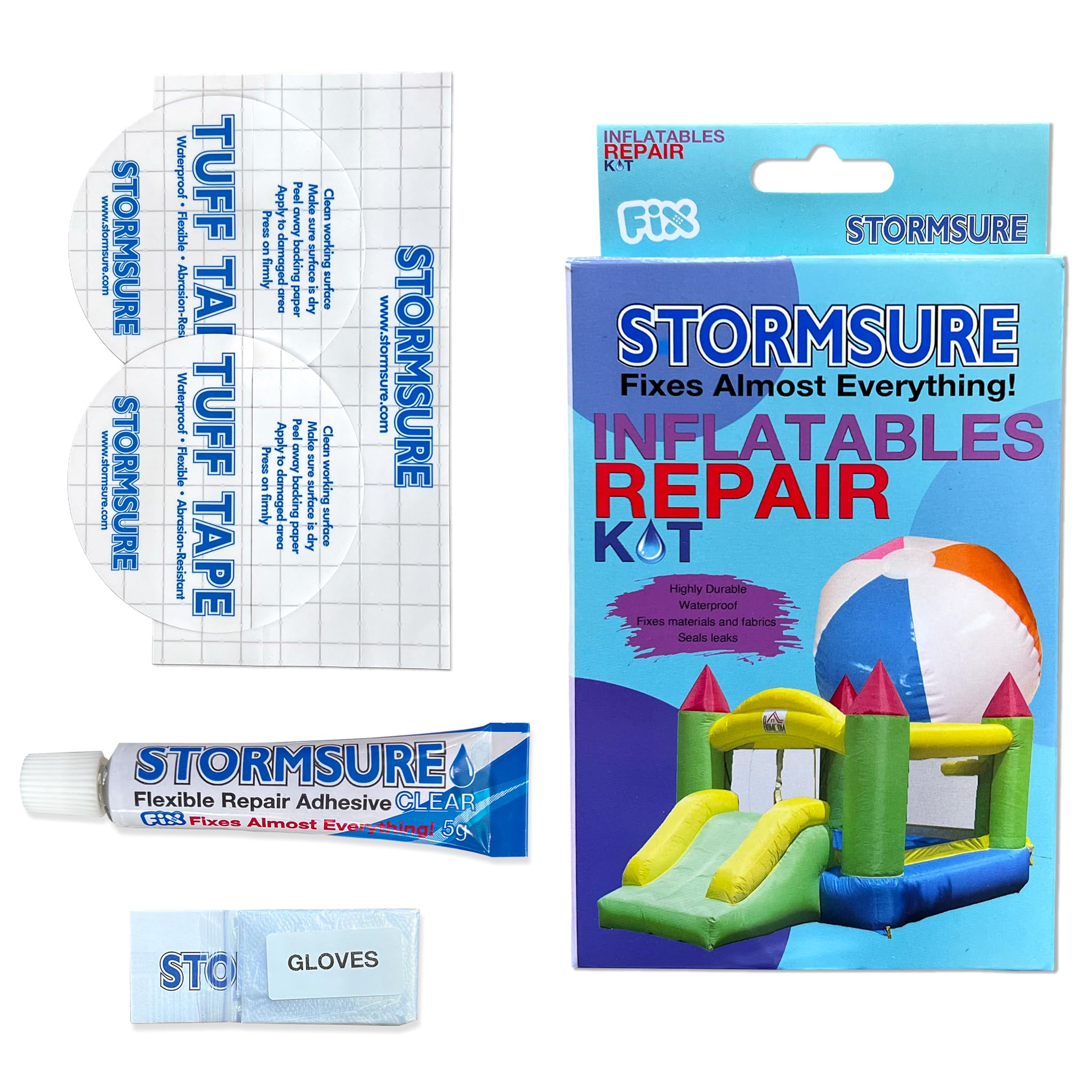 Stormsure Inflatables and Pool Repair Kit for Inflatable Toys Pools and Air Mattresses with Clear Flexible Glue and Adhesive Tuff Tape Patches