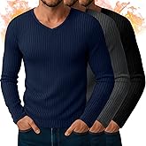 Baggyfly 3 Pack Men's V Neck Thermal Ribbed Shirts Cotton Long Sleeve Casual Underwear Slim Fit Stretchy Base Layer Tops