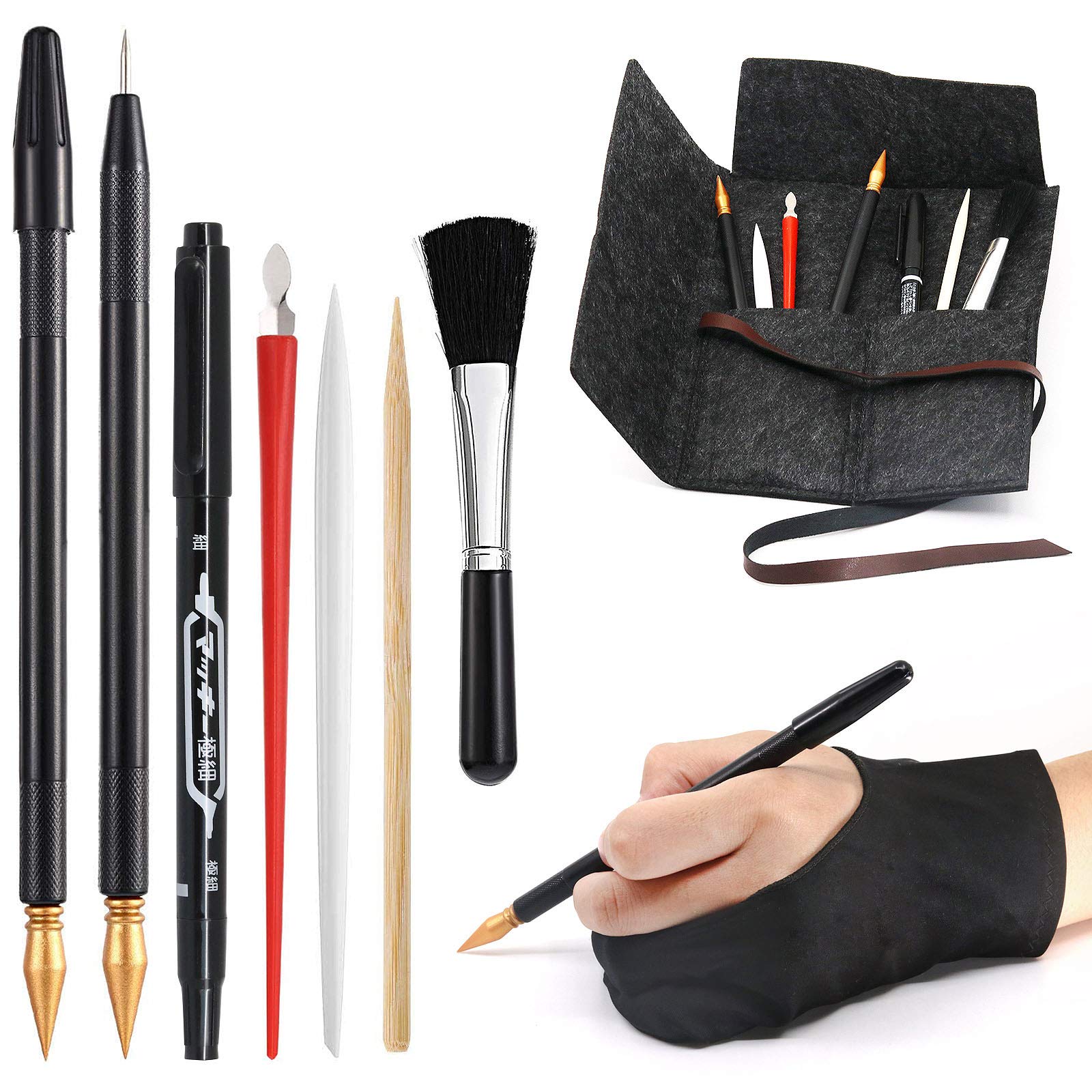 Scratch Art Tools, 9 Pcs Scratching Drawing Tools Set: Artist Glove, Tools Bag, Scratch Coloring Pens, Plastic and Wooden Stylus, Scraper, Repair Pen, Clean Brush for Adults & Kids Painting Paper
