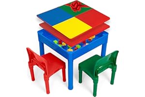 Play Platoon 5 in 1 Kids Activity Table and Chair Set for Toddlers, Building Block, Craft & Sensory Tables for Toddlers with 2 Chairs & 25 XL Blocks - Yellow Red Green