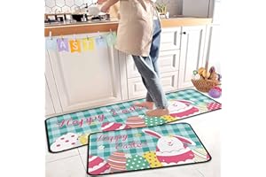 KUKLI KITCHEN Happy Easter Bunny Decorative Kitchen Rugs Set of 2, Rabbit Kitchen Mat Easter Eggs Non-Slip Floor Mat, Holiday Home Kitchen Decorations 17"x47"+17"x30"