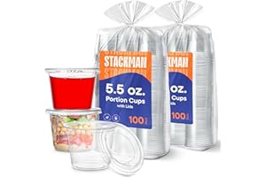 STACK MAN (200 Sets - 5.5 oz.) Plastic Cups, Clear Portion Snack, Yogurt, Parfait Cups, Pudding Cups, Souffle Cups, Dessert Cups, Disposable Containers with Lids 5.5oz.