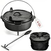 Uno Casa 6 Qt Cast Iron Dutch Oven for Camping | Skillet Lid, Lifter, Tote | Camping dutch oven kit with recipe e-book included: legs sit over coals or hang from a tripod, dinner for four to six