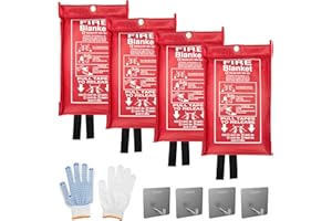 Ludatido Emergency Fire Blanket (4 Pack) + 4 Hooks & 1 Gloves, Fire Suppression Blanket for Kitchen, 40" x 40" Fire Blanket for Home, Fiberglass Fireproof