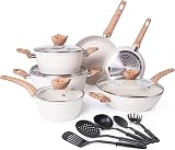 Nuovva Non Stick Pots and Pans Set 15pc Induction Granite Cream