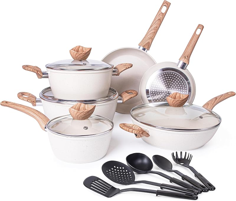 Nuovva Non Stick Pots and Pans Set 15pc Induction Granite Cream