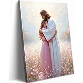 Jesus Embracing Woman Canvas Wall Art Girl Safe In Christ His Arms Painting Picture Wall Decor Christian Painting Bible Poster Print Artwork for Bedroom Living Room Dining ChurchHome Decoration
