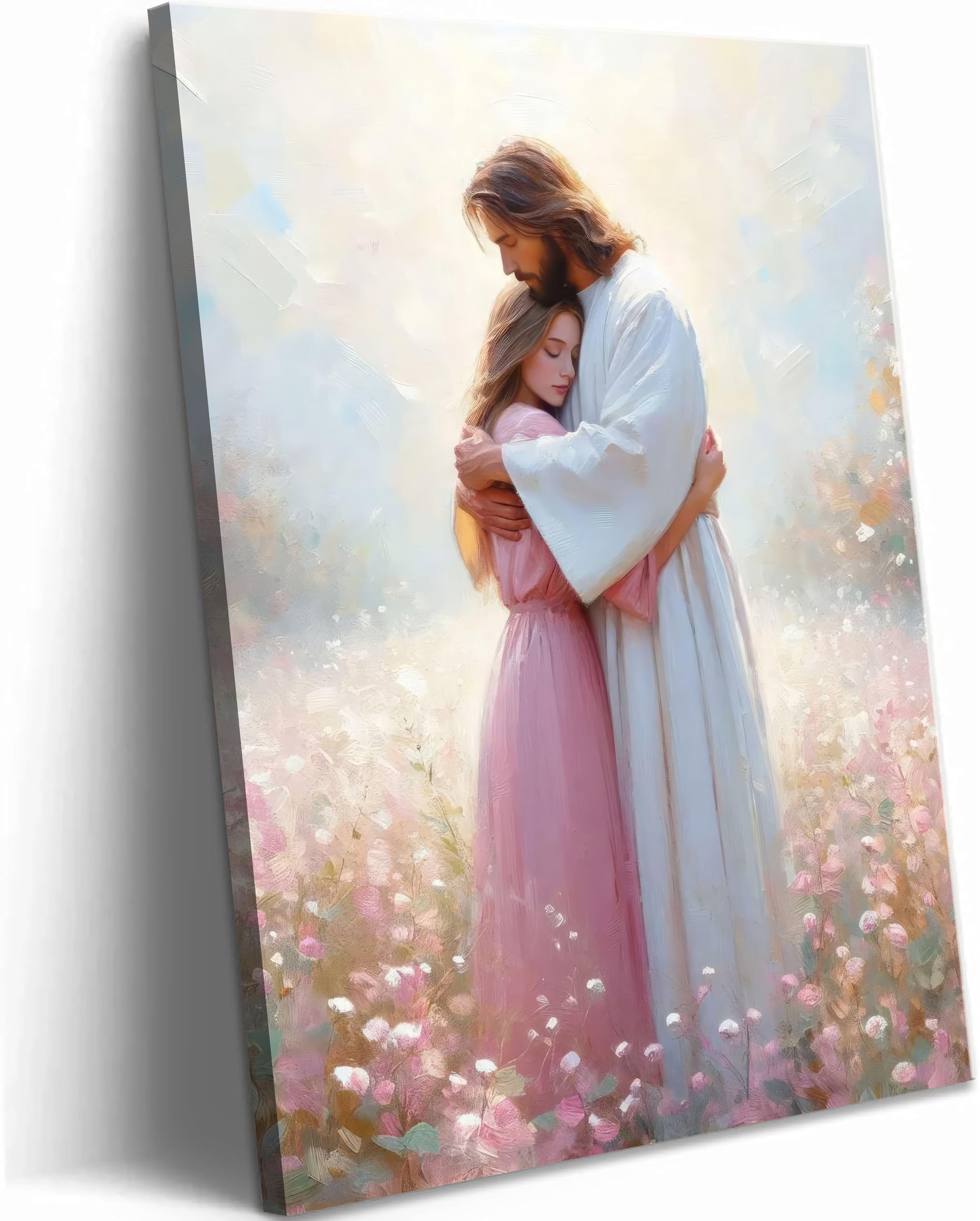 Jesus Embracing Woman Canvas Wall Art Girl Safe In Christ His Arms Painting Picture Wall Decor Chris