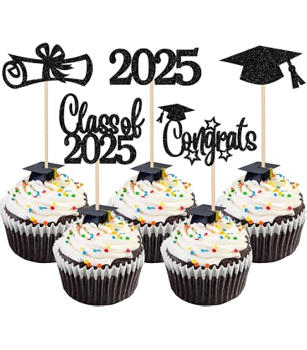 Rsstarxi 36 Stück Abschluss-Cupcake-Topper – Glitzer 2023 Design, 5,6 X 12,7 Cm | Für Abschlusspartys, Kuchendekoration