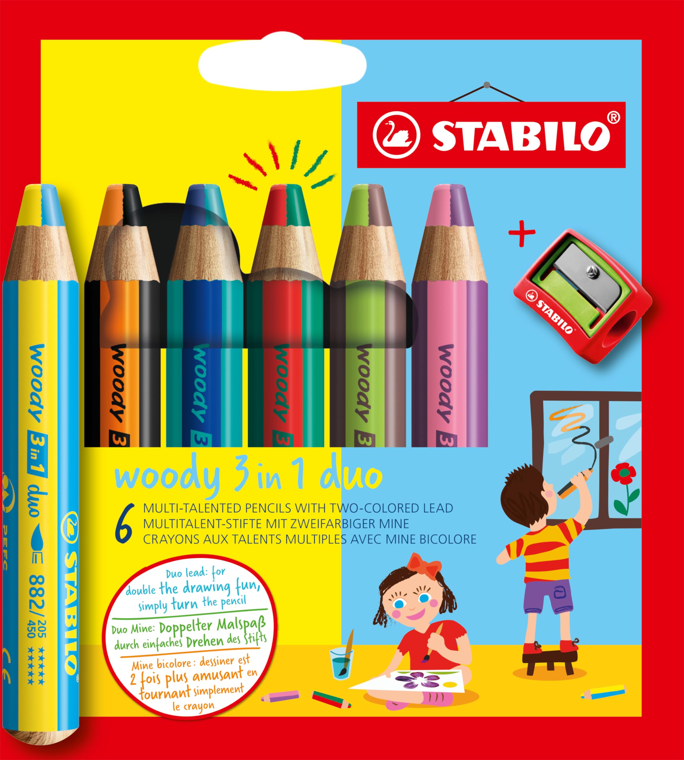 STABILO woody 3-in-1 duo - Multi-Talented Pencil - Pack of 6 - Assorted Colours with Sharpener — image 1