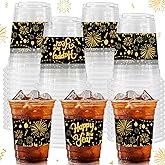 CIEOVO 50 Count 2026 Happy New Years Party Cups, 12 oz Disposable Clear Plastic Party Cups for New Years Eve Drinkware Beverage Ice Cream Snacks Party Supplies