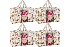VENO 4 Pack Moving Bags, Large Christmas Storage Bins with lids, Packing Supplies for College, Alternative to Moving Boxes, Foldable, Heavy-Duty Tote, Christmas Pattern (Holiday Pups, 4 Pack)