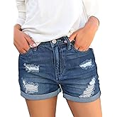 luvamia Women's Ripped High Waisted Denim Shorts Stretchy Cuffed Hem Jean Shorts