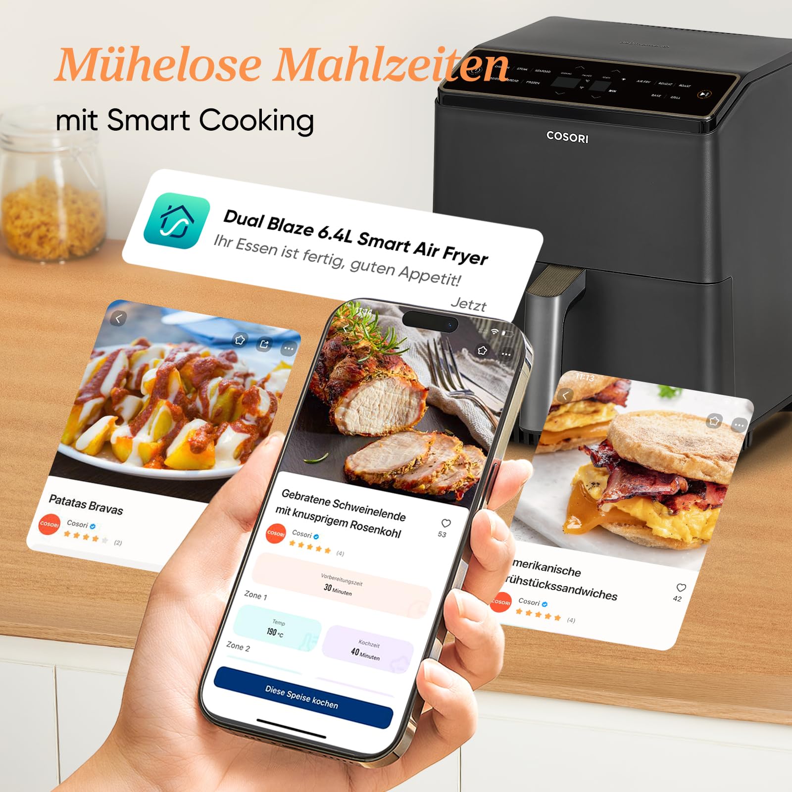 COSORI Dual Blaze Airfryer - Smart Heißluftfritteuse mit Wlan - 6,4L XXL Air Fryer - 11-in-1: Backen, Grillen, Brot, Hühnchen - 80+ Rezepte - spülmaschinenfest, Grau 5