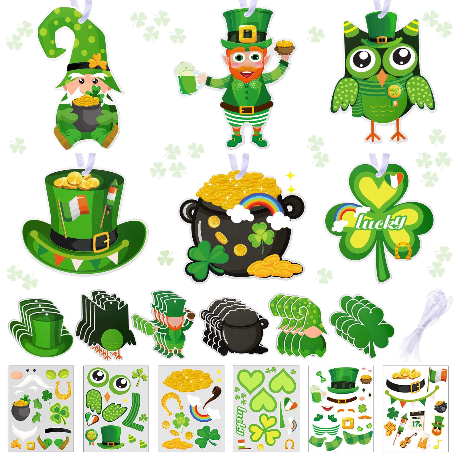 48 Sheets St. Patrick's Day Craft Supplies Shamrocks Stickers Decoration Games Activities for Kids Make Leprechaun Clover Gold Coin Party Favors Arts DIY Irish Lucky Sticker for Toddlers Adults