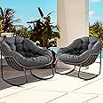 Villeston Outdoor Papasan Rocking Chair - Oversized Comfy Patio Chair Set of 2 Indoor Egg Royal Double Rattan Rocking Chair with Cushion for Front Porch Lounge Lawn Bedroom (Grey)