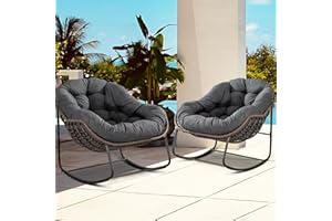 Villeston Outdoor Papasan Rocking Chair - Oversized Comfy Patio Chair Set of 2 Indoor Egg Royal Double Rattan Rocking Chair with Cushion for Front Porch Lounge Lawn Bedroom (Grey)