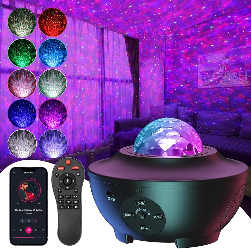 UOUNE Galaxy Projector Star Projector with Remote Bluetooth Speaker 10 Colors