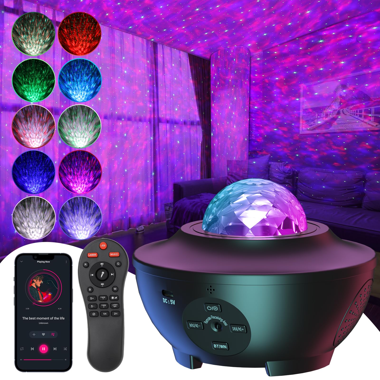 UOUNE Galaxy Projector, Star Projector with Remote Control Color Changing, Music Bluetooth Speaker,Timer,Ocean Wave Star Sky LED Night Light Lamp for Baby,Kids Bedroom,Stage,Birthdays,Christmas