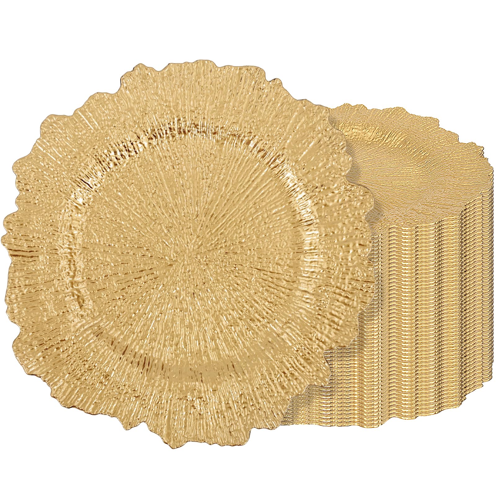 Photo 1 of XLEUDTER 50 Pack Gold Charger Plates, Reef Plate Chargers for Dinner Plate, 13'' Round Plastic Table Chargers for Wedding, Party, Event, Dinner, Table Setting, Tabletop Decor