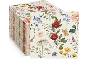 CHICROSA 80 Pack Floral Paper Napkins Disposable Vintage Wildflower Luncheon Napkins 6.5 x 6.5"Retro Floral Dessert Dinner Hand Napkin for Birthday Wedding Baby Shower Bridal Shower Supplies (Flower Butterfly)