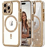 for iPhone 15 Pro Case, [Glitter Card with Love Heart Pattern] Shiny Bling Crystal Diamonds Rhinestones Cover for Women Girls, Luxury Plating Shockproof Protective Phone Case for iPhone 15 Pro, Gold