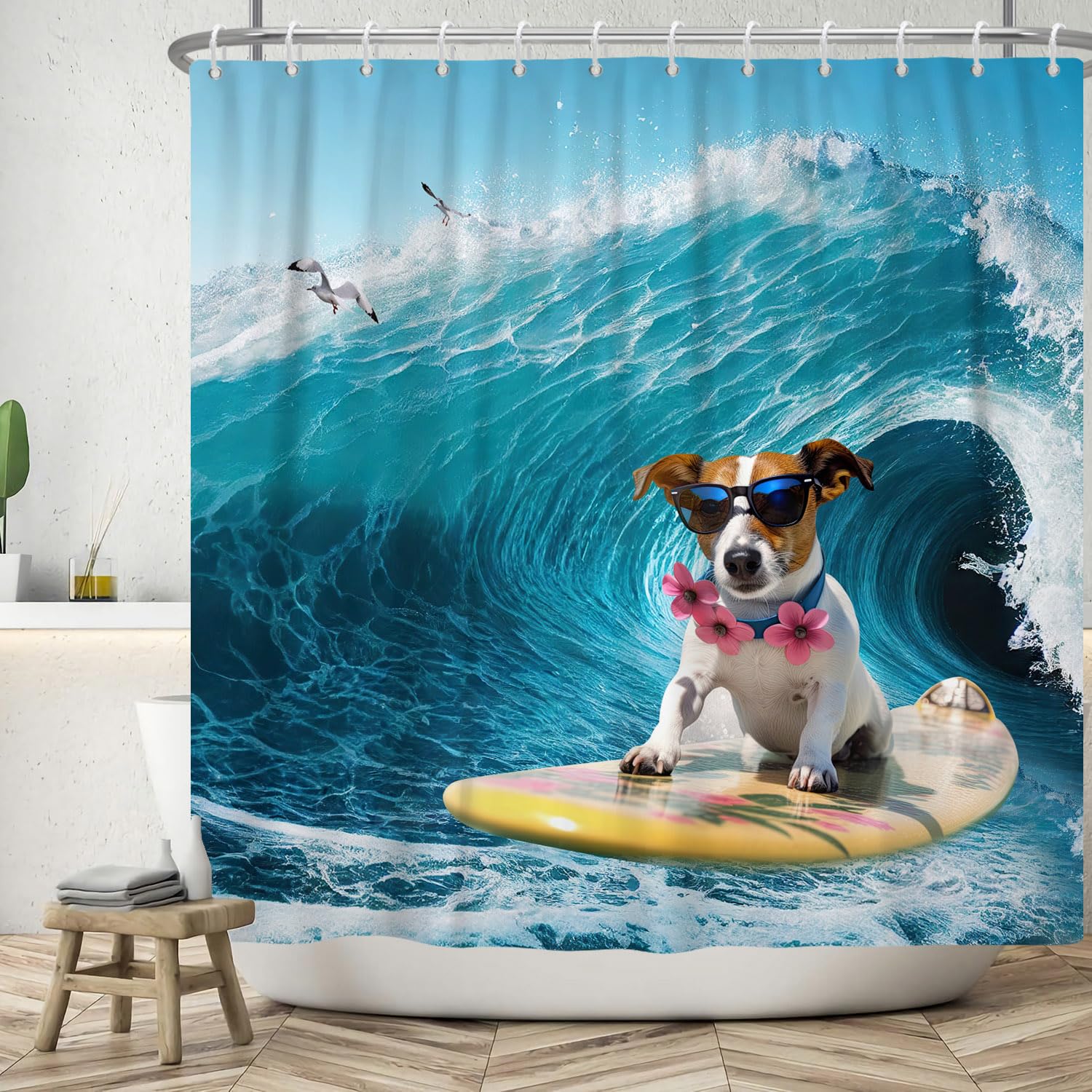 ASDCXZ Funny Shower Curtain 180x200 cm, Summer Funny Dog Ocean Skateboard Surfing Seagull Bath Washable Shower Curtains Polyester Textile Waterproof Bath Curtain for Bathtub with 12 Hooks