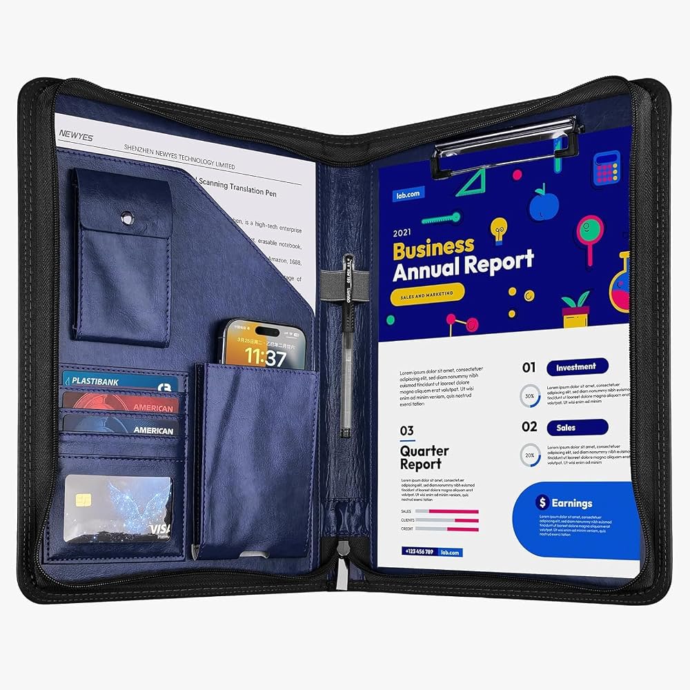 NEWYES Zipper PU Leather Conference Folder A4 Blue Personal Organizer