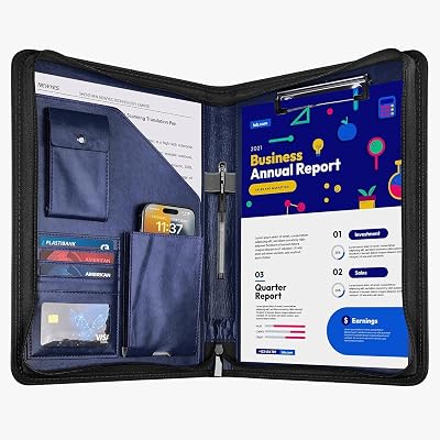 NEWYES Zipper PU Leather Conference Folder A4 Blue Personal Organizer