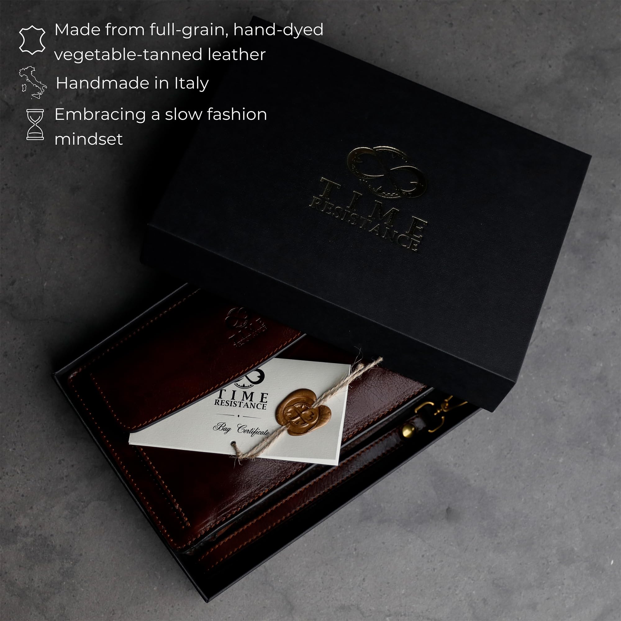 Time Resistance Leather Clutch for Men Organizer Wrist Bag Briefcase Handmade in Italy Gift Box Included