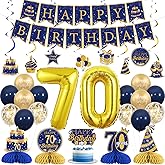 Navy Blue Gold 70th Birthday Decorations for Women Men Happy 70th Birthday Banner Cake Topper Balloon Hanging Swirl Honeycomb Centerpieces for Blue Gold 70th Birthday Party Supplies