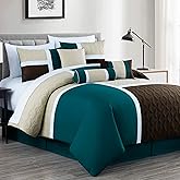 Chezmoi Collection Upland 7-Piece Quilted Patchwork Comforter Set, Teal/Beige/Brown, Queen