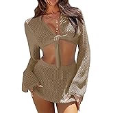 Fisoew Womens Crochet Swimsuit Coverups 2 Piece Bathing Suit Cover Up Long Sleeve Tie Front Crop Top Mini Skirt Sets