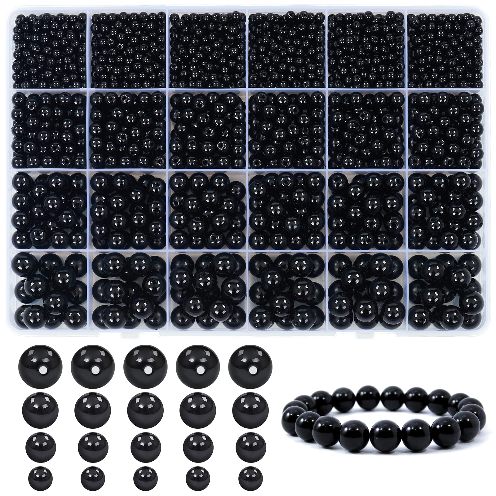 Dotilili Black Glass Pearl Beads 1890 Pcs, 4/6/8/10mm Smooth Round Spacer Beads with Holes Plastic Loose Beads for Crafting Eyes Jewellery Making DIY Bracelet Necklace Earrings Knitting Decorations
