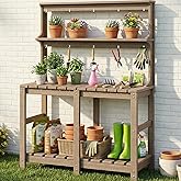 Polyhouz Outdoor Potting Bench with 3 Tier, All-Weather Patio Potting Table with Tool Hooks, HDPE Gardening Table for Backyard, Garden, Brown