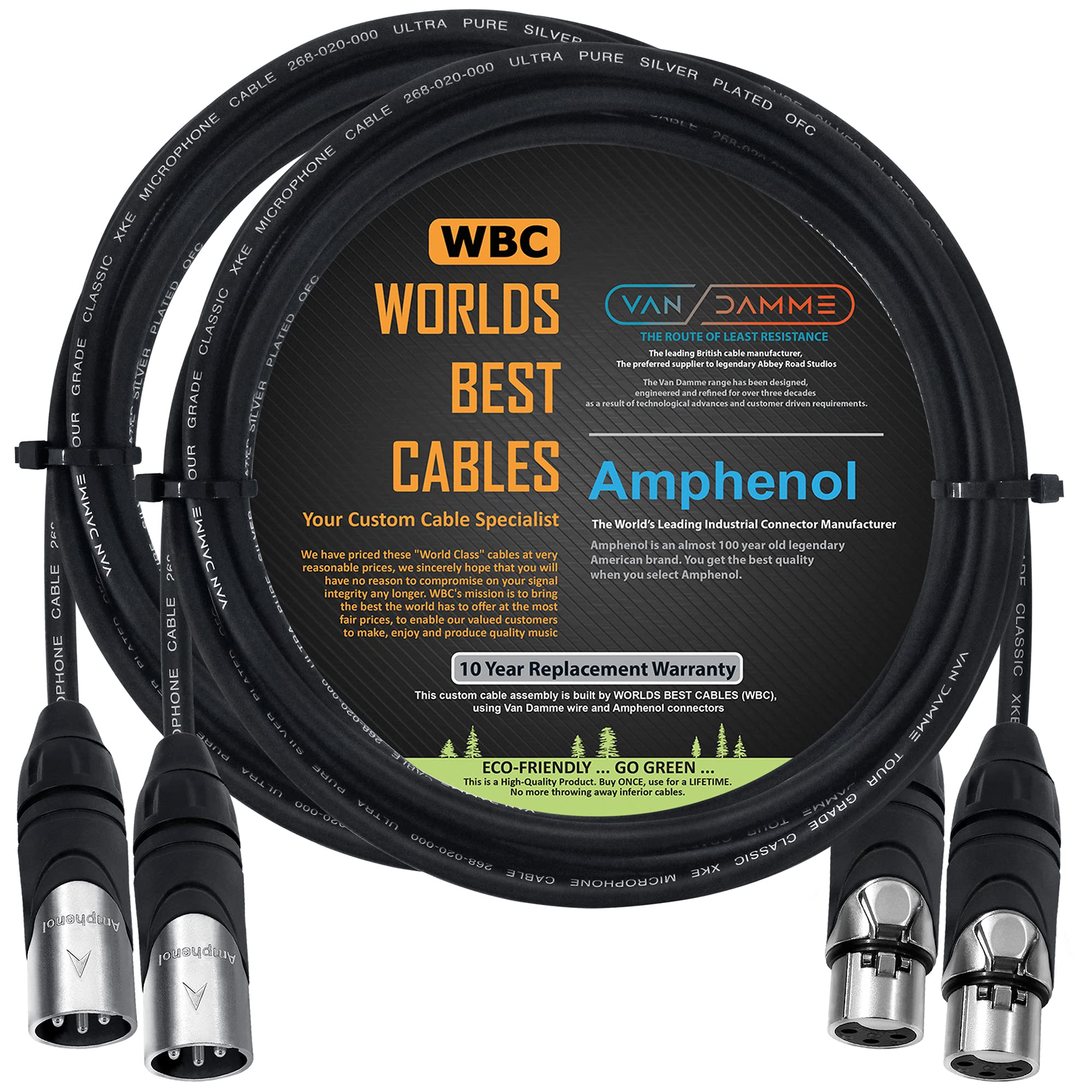 WORLDS BEST CABLES 2 Units - 3 Meter - Van Damme Tour Grade Classic XKE Microphone - Premium Silver-Plated OFC Balanced Male To Female Microphone Cable with Amphenol AX3M & AX3F Silver XLR Connectors