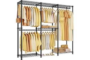 HYSEYY Portable Closet Heavy Duty Clothes Rack, Freestanding Clothing Racks for Hanging Clothes, Adjustable Garment Wardrobe Rack with 4 Hang Rods & Shelves ,73.6" L x 17.3" W x 76.4" H, Black