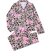 SHENHE Women's Leopard Bow Pajamas Set Long Sleeve Button Down with Pants Sleepwear Lounge Set