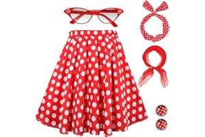 Hicarer 5 Pcs 50s Women Halloween Costume 1950 Poodle Skirt Sock Hop Accessory Outfit Scarf Glasses Bandana Headband Earring