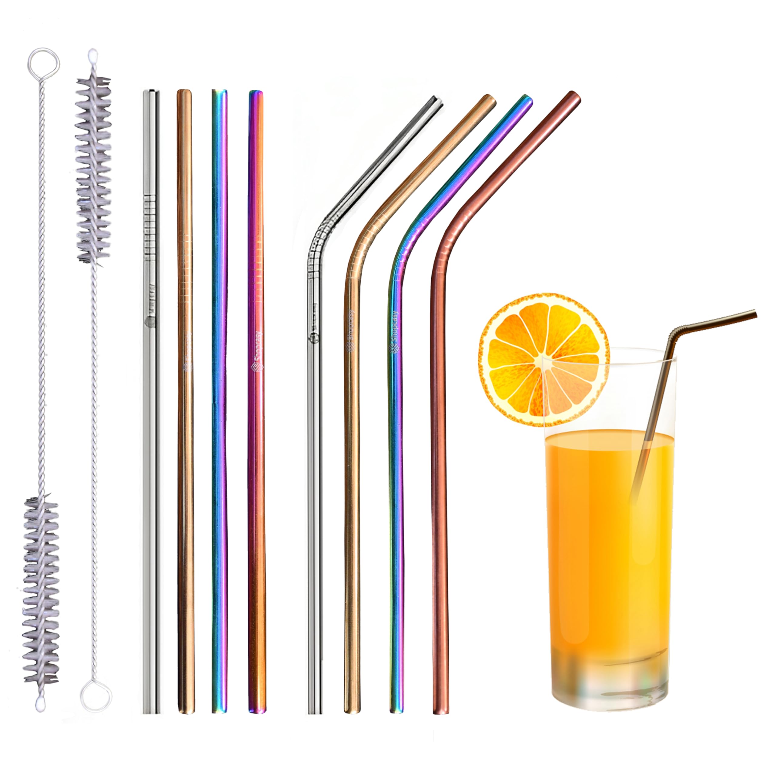 Set of 10 Reusable Metal Straws Drinking, 216mm Eco-Friendly Stainless Steel Drinking Straws for Cocktail, Milkshake, Cold/Hot Drinks (4 Straight + 4 Bent + 2 Cleaners) BPA Free (Multicolor)