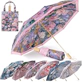 leznazik Elegant Double Layer Classical Floral Oil Painting Folding Umbrella for Women Windproof Rain &amp; Sun UV Protection Parasol with Cover
