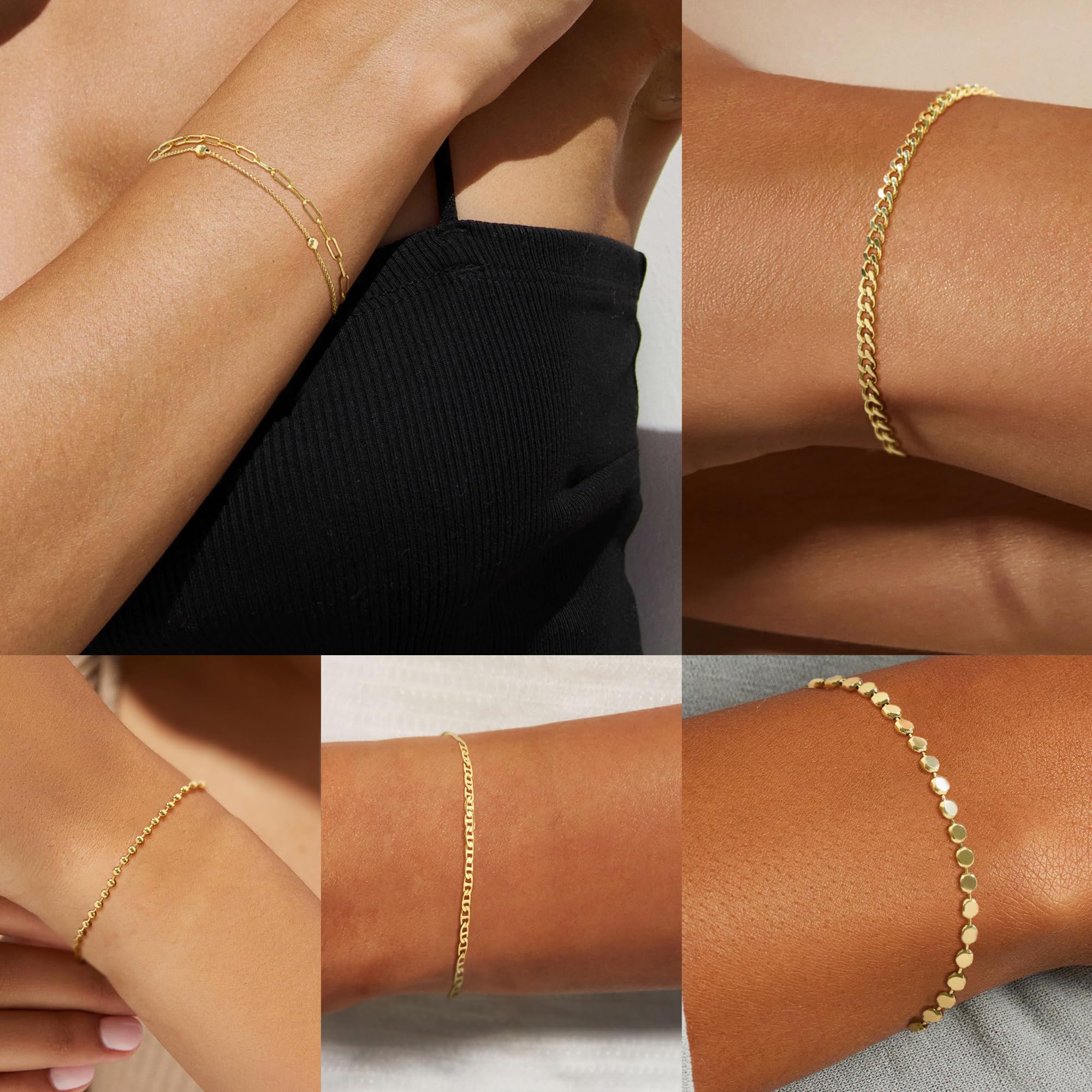 JECOMY Dainty 14K Gold Bracelets for Women - Waterproof Stackable Gold Bracelet Set - Perfect for Stylish Women