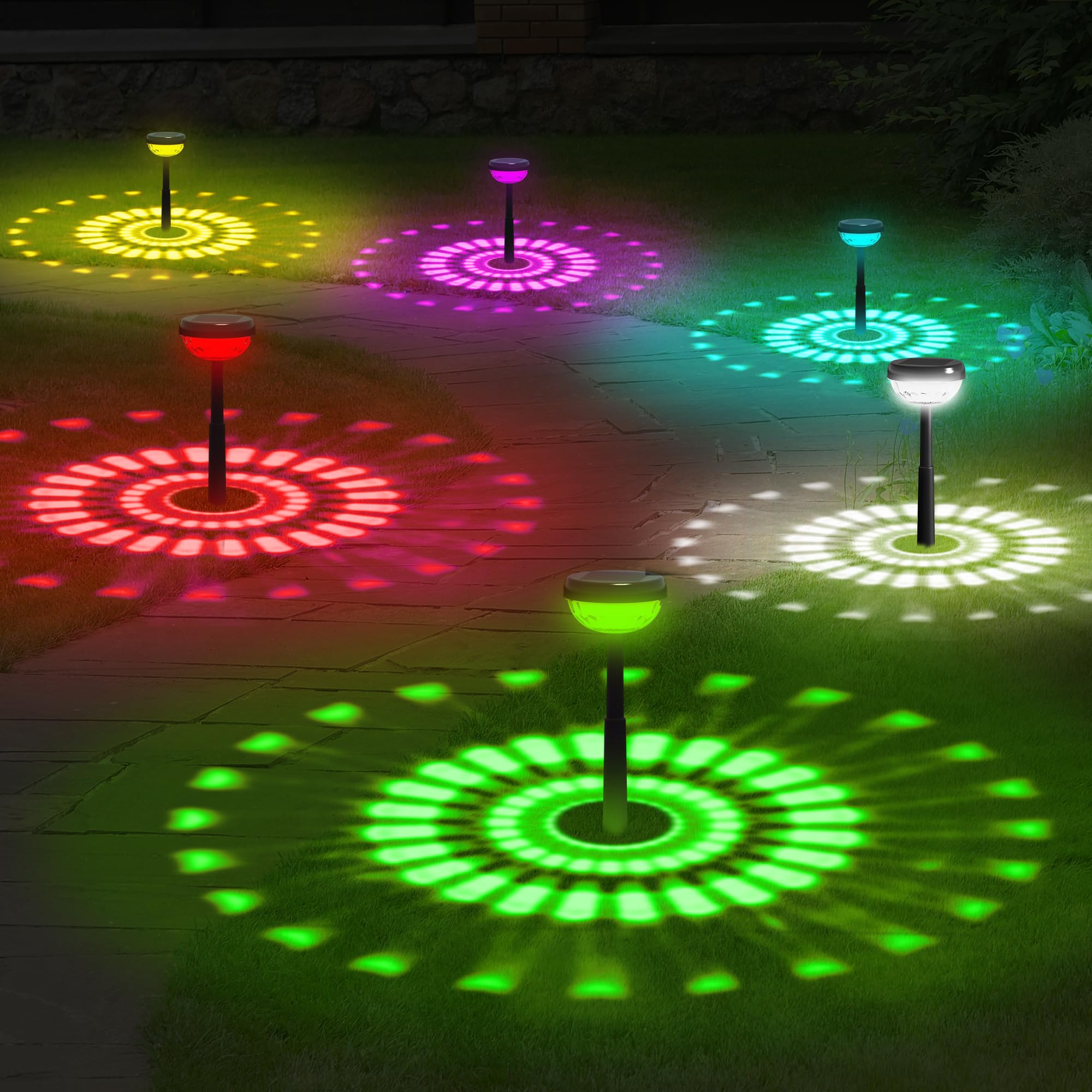 Photo 1 of Ensenior Color Changing Solar Lights Outdoor, Auto ON/Off 3000K White Light & RGB LED Solar Garden Lights for Pathway, Yard, Patio, Waterproof, Energy-Efficient Landscape Lighting, 8-Pack