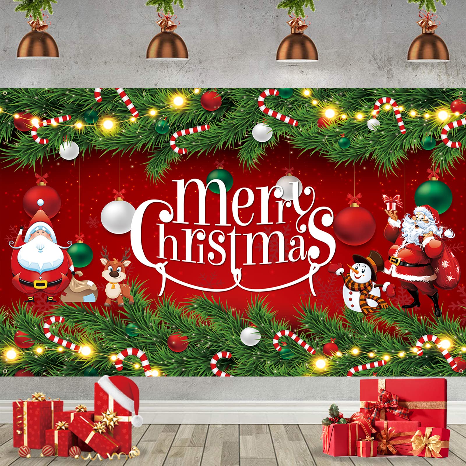 Christmas Banner Backdrop - Large Merry Decoration, Red Garland Santa Photo Booth Sign Background Decor, Fabric Xmas Hanging for Indoor Outdoor Party Supplies