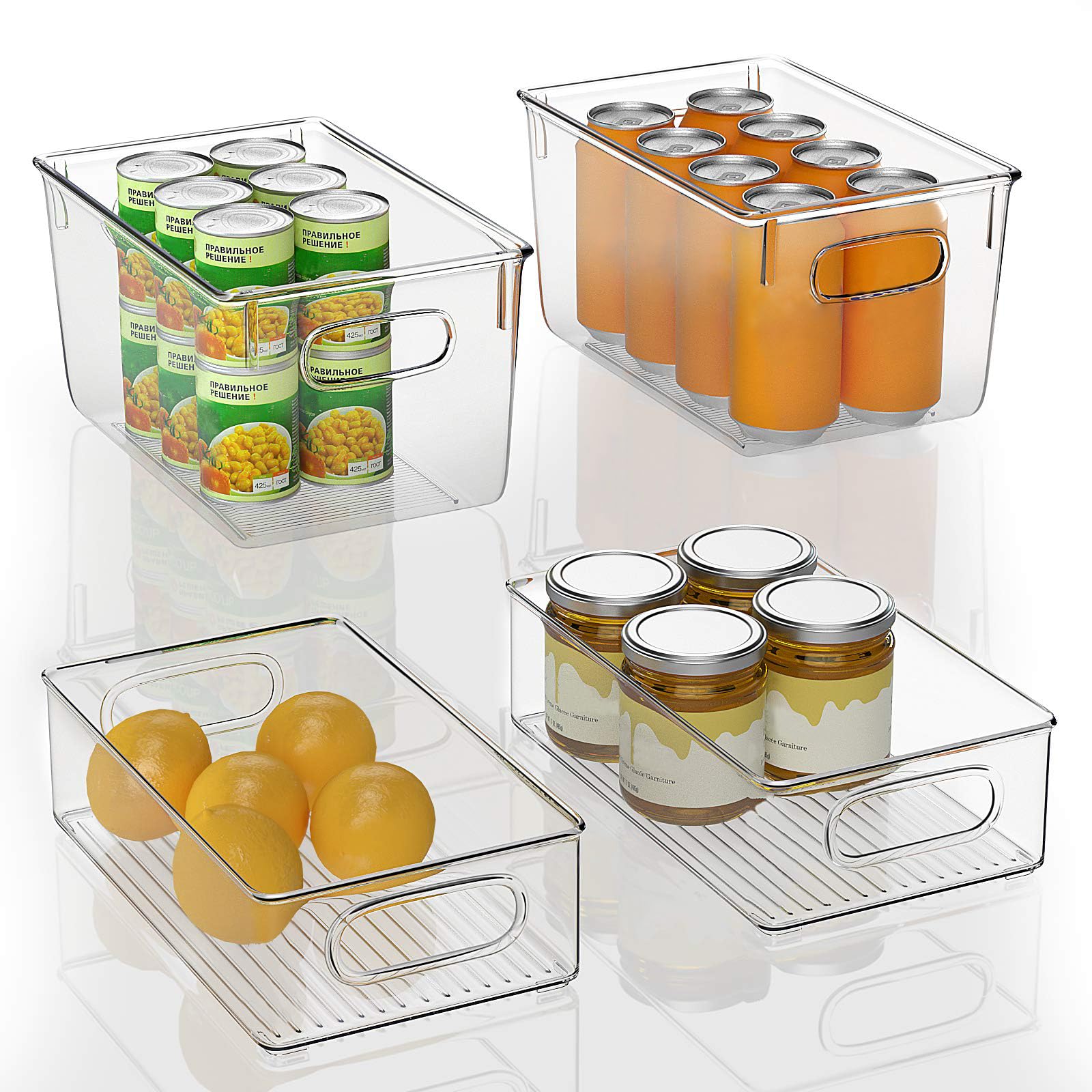 Finew 4 Pack Clear Storage Organiser Box (2 Large/2 Small Stackable Containers), BPA Free Plastic Refrigerator Storage Bins, Fridge Pantry Drawer Organizers Trays for Freezer, Kitchen, Cupboard