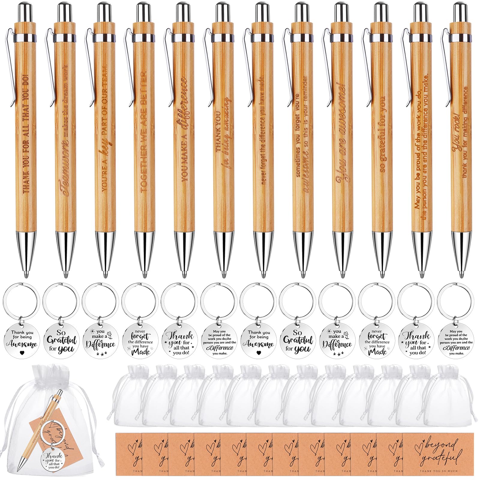 48 Pcs Employee Appreciation Gifts Inspirational Bamboo Ballpoint Pens Motivational Quotes Pen with Organza Bags Thank You Cards Inspirational Keyring Keychains Thank You Gifts for Teacher Coworker