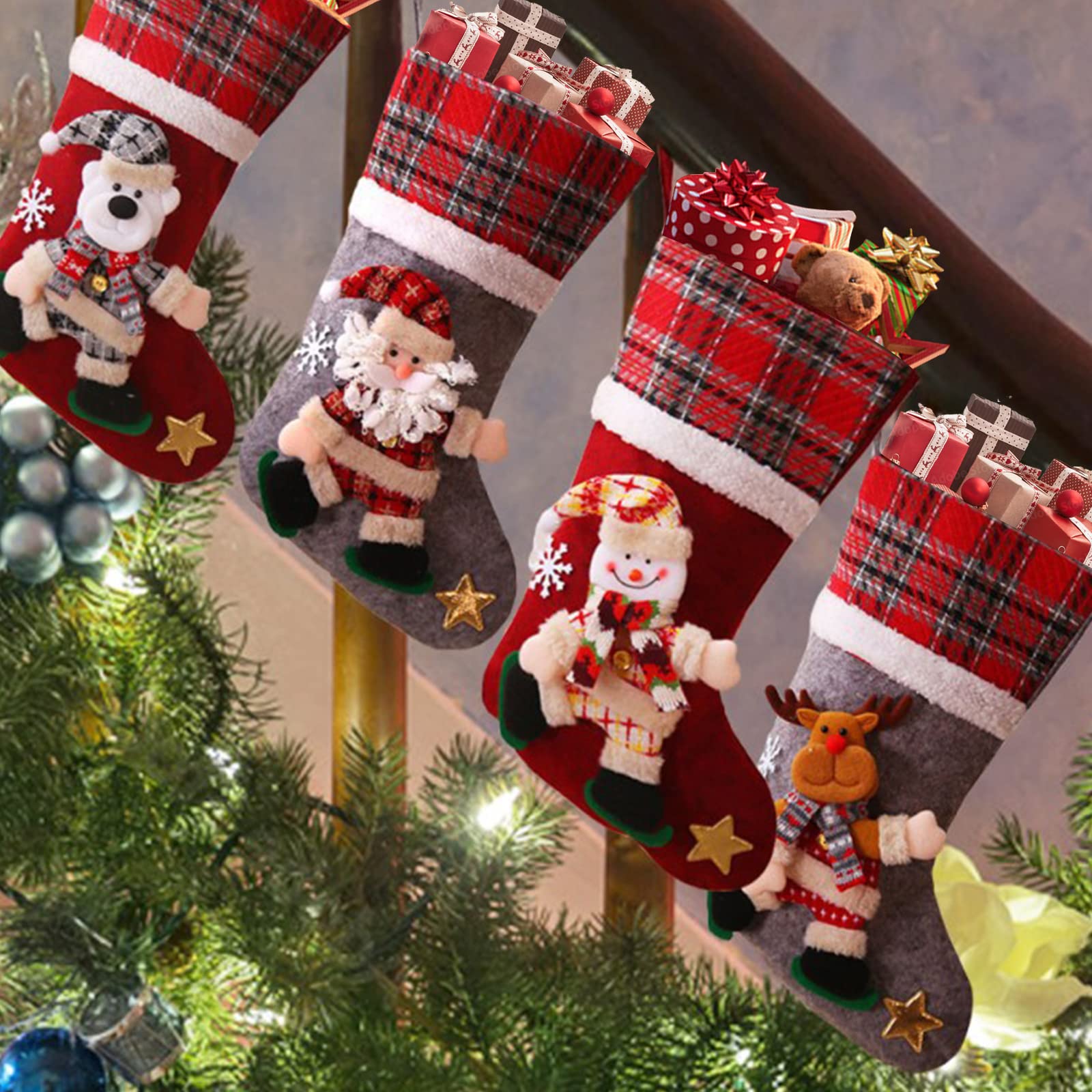 MJARTORIA Christmas Stocking Set of 4 with Santa Claus Snowman Elk Bear Large Xmas Stockings Gifts Bag for Christmas Tree Decoration Ornament