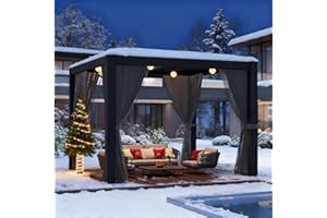 LVUYOYO Outdoor Louvered Pergola 10' x 10', Aluminum Pergola with Adjustable Roof, Waterproof Metal Gazebo with Curtains and Netting for Patio, Backyard, Garden, Deck (Black)