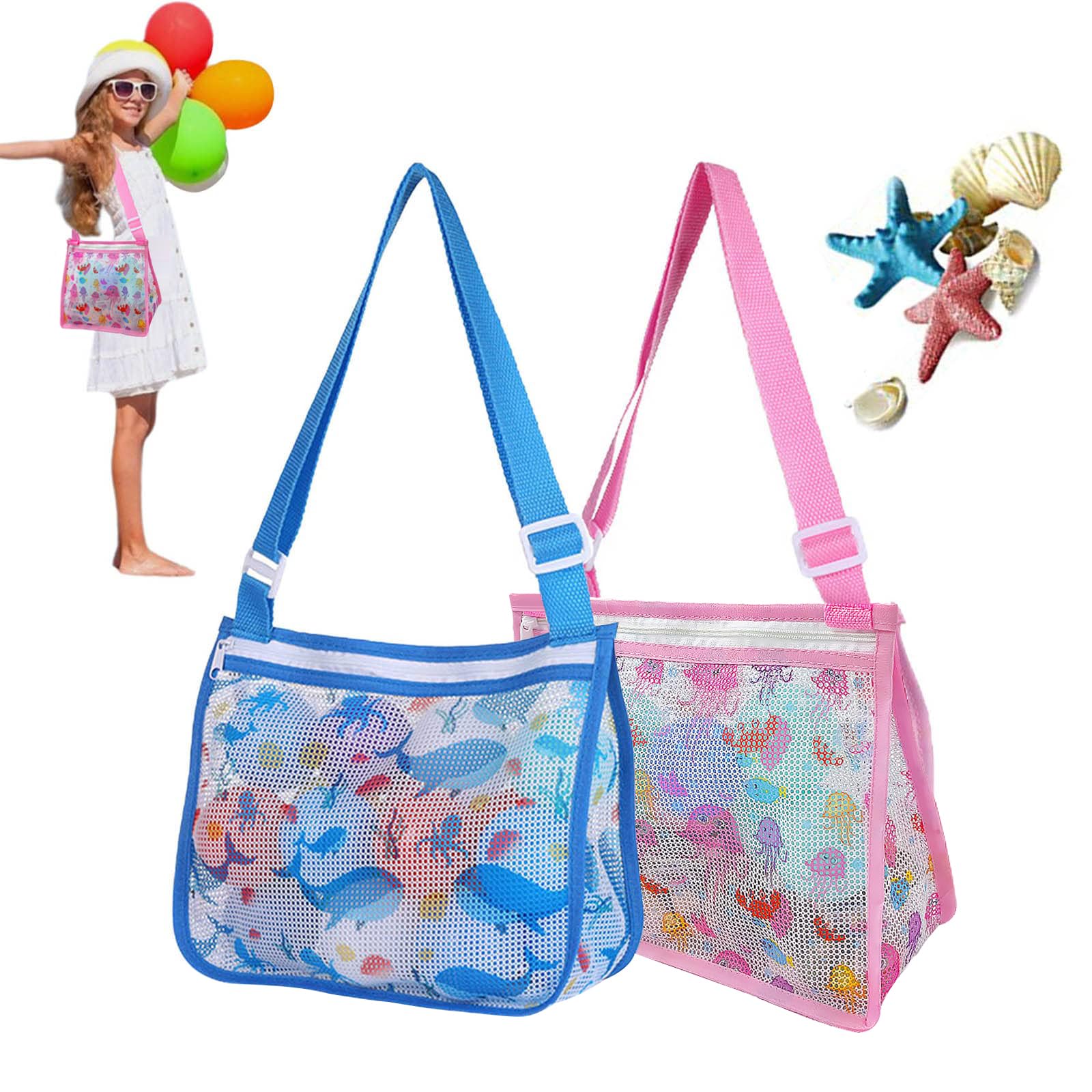 Mesh Seashell Beach Toy Bags - Shell Collecting Totes with Expandable Beach Sand Toy, Printing and Adjustable Carrying Straps (2pcs, Dark Blue + Pink)